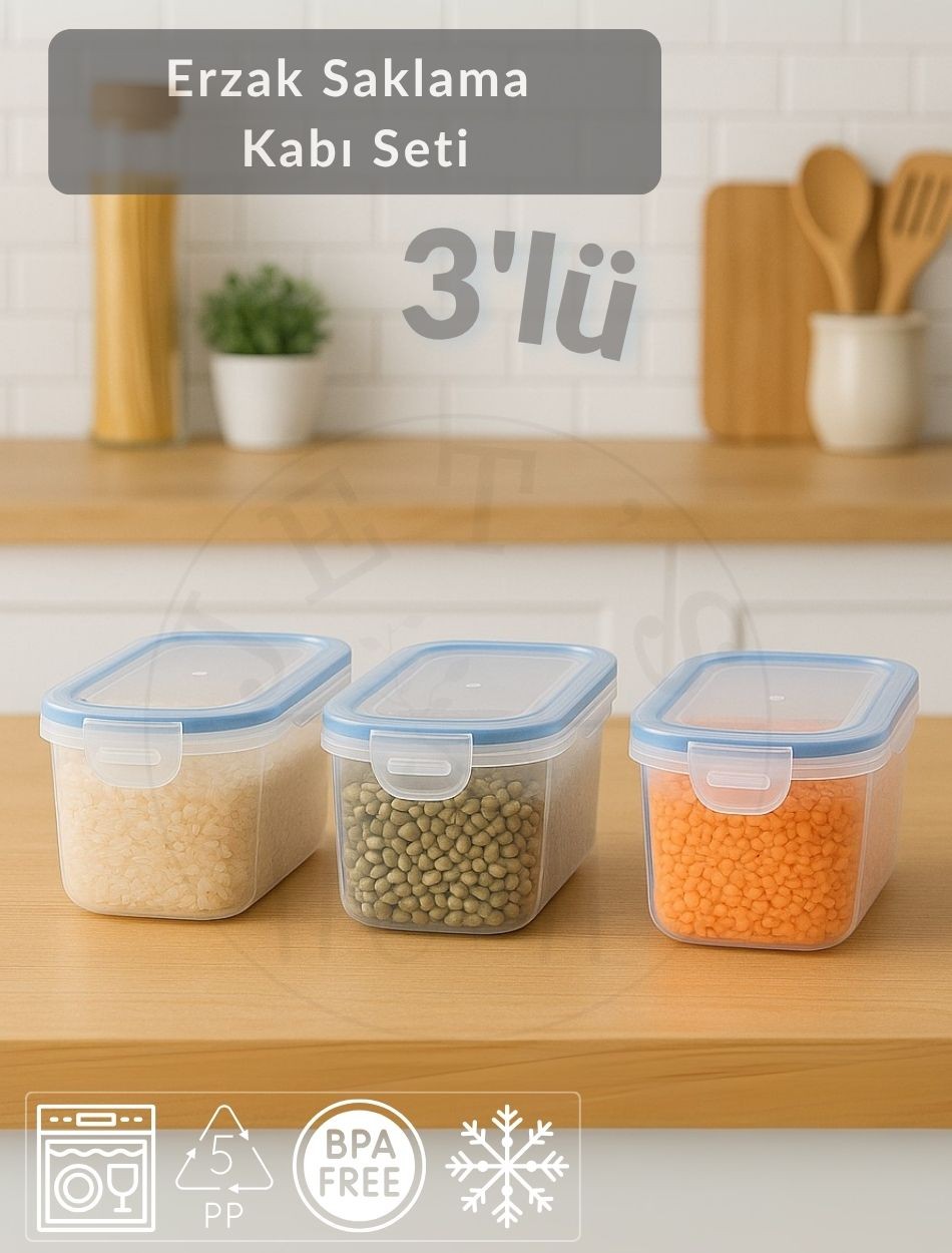 3'lü Set Erzak Kabı Vakumlu Hava Almaz BPA FREE Kilitlenebilir Bakliyat Kabı 1,25 L