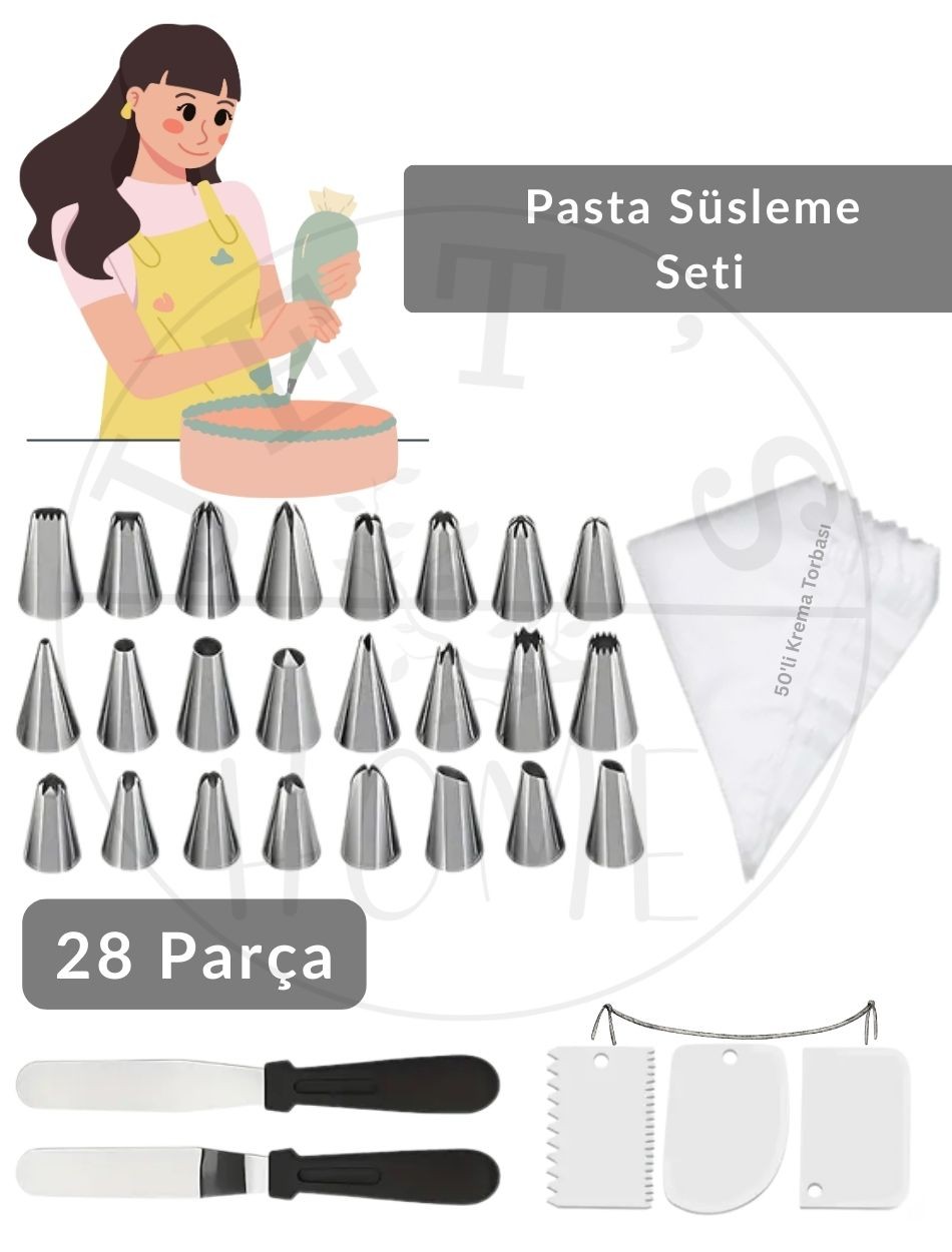 28 Parça Pasta Süsleme Seti Paslanmaz Krema Duyu-Torbası Pasta Bıçağı Sıvama Spatulası