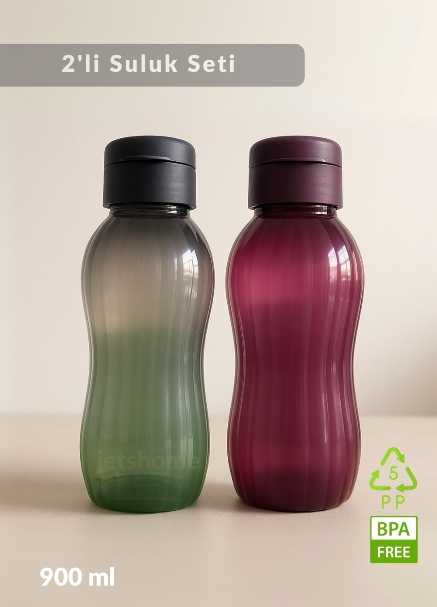 Suluk 2'li Set Su Şişesi BPA Free Okul Suluğu PP-5 Suluk Spor Okul Ofis Suluğu Mürdüm-Siyah 900 ml