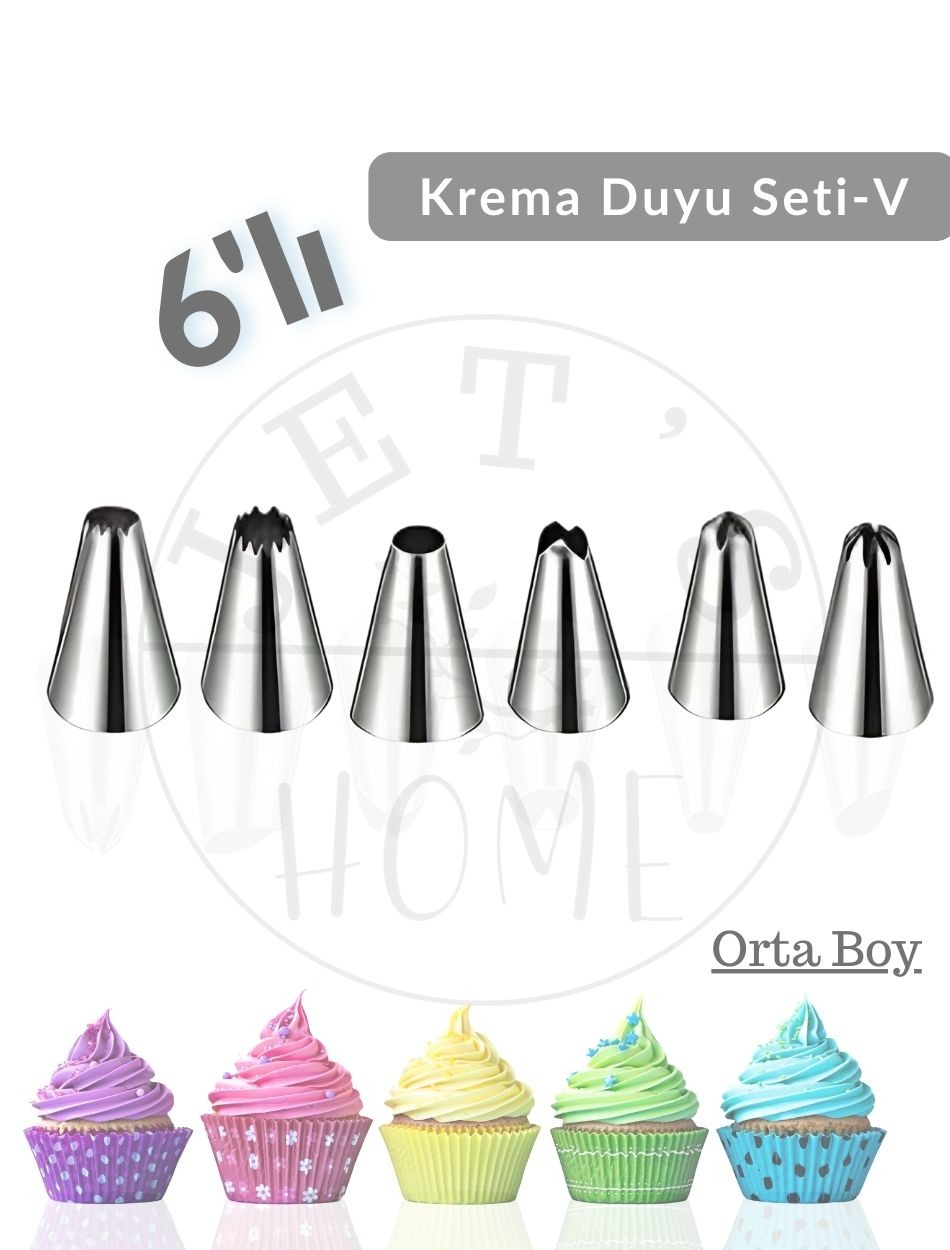 6'lı Krema Duyu Seti Orta Boy Pasta Dolgu Kreması Paslanmaz Şanti Duyu Çelik Set-V