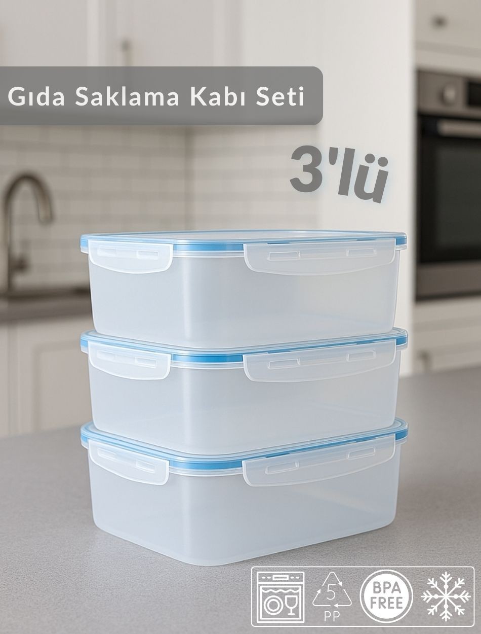 3'lü Vakumlu Saklama Kabı Seti Hava Almaz BPA Free Kilitlenebilir Gıda Erzak Kabı 1,9 L