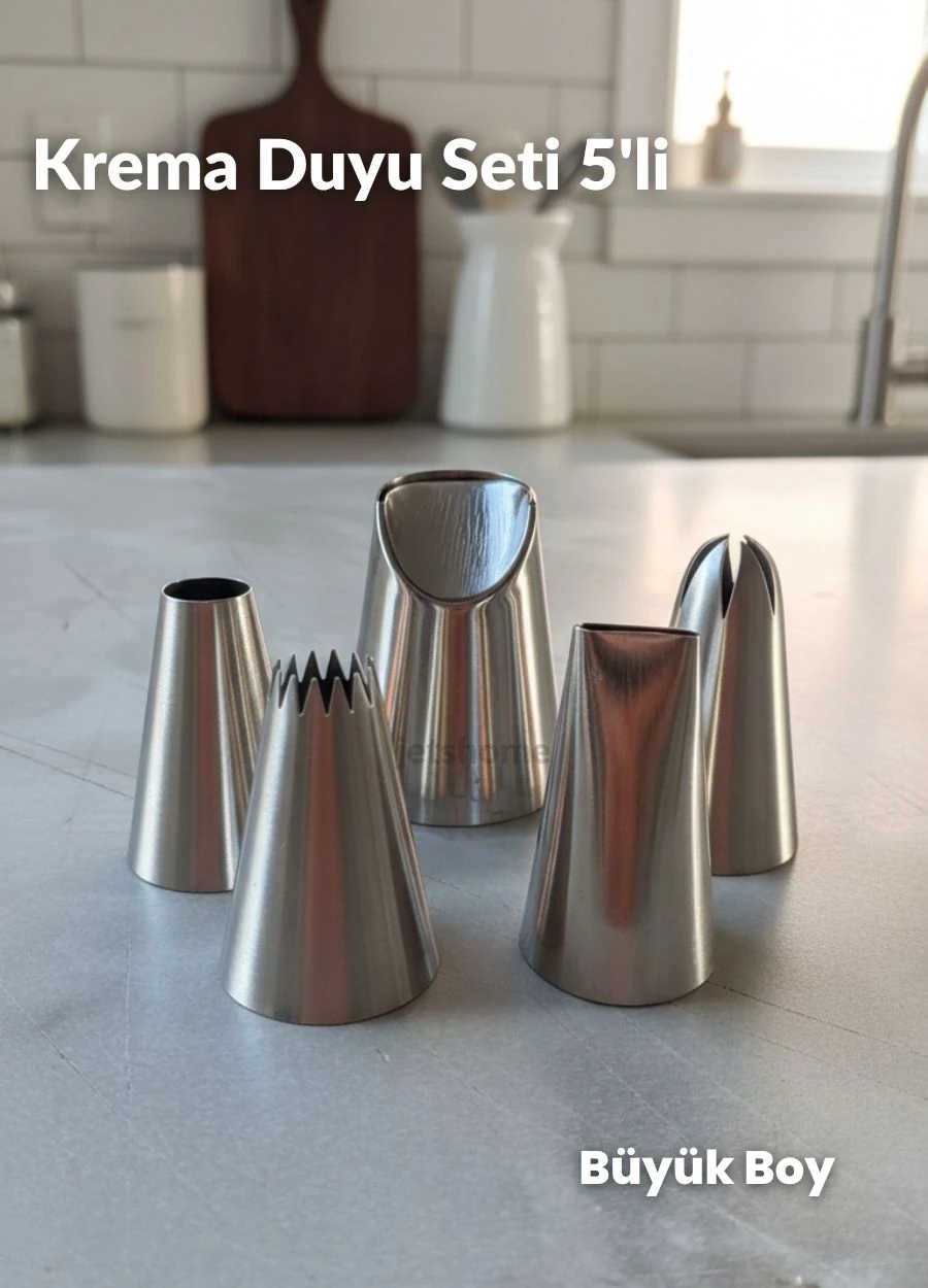 Büyük Boy 5’li Yaprak Uçlu Krema Duy Seti - Profiterol, Ekler,Cupcake Süsleme Paslanmaz Set-2