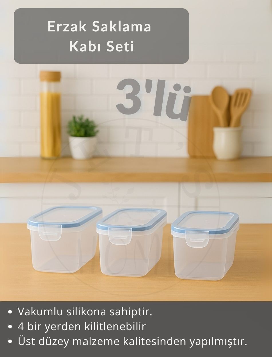3'lü Set Erzak Kabı Vakumlu Hava Almaz BPA FREE Kilitlenebilir Bakliyat Kabı 1,25 L