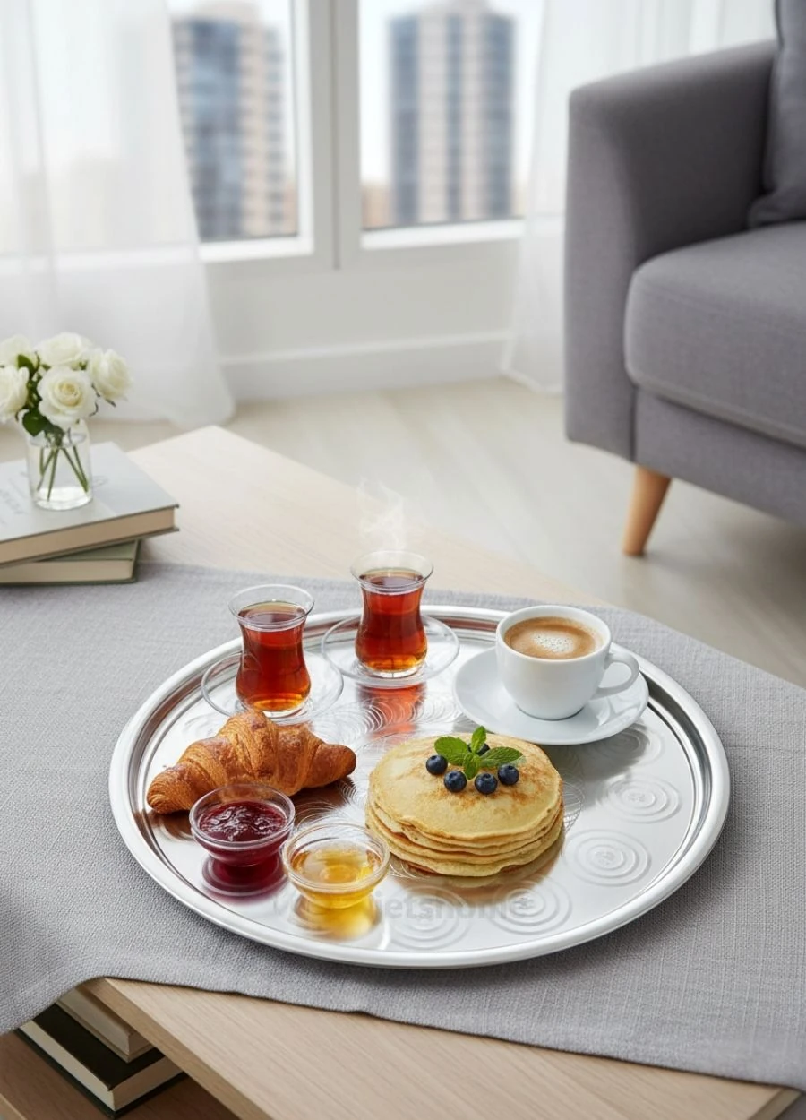 32,5 cm Yuvarlak Paslanmaz Çelik Çay Kahve Servis Tepsisi No:35 Derinlik 2 cm