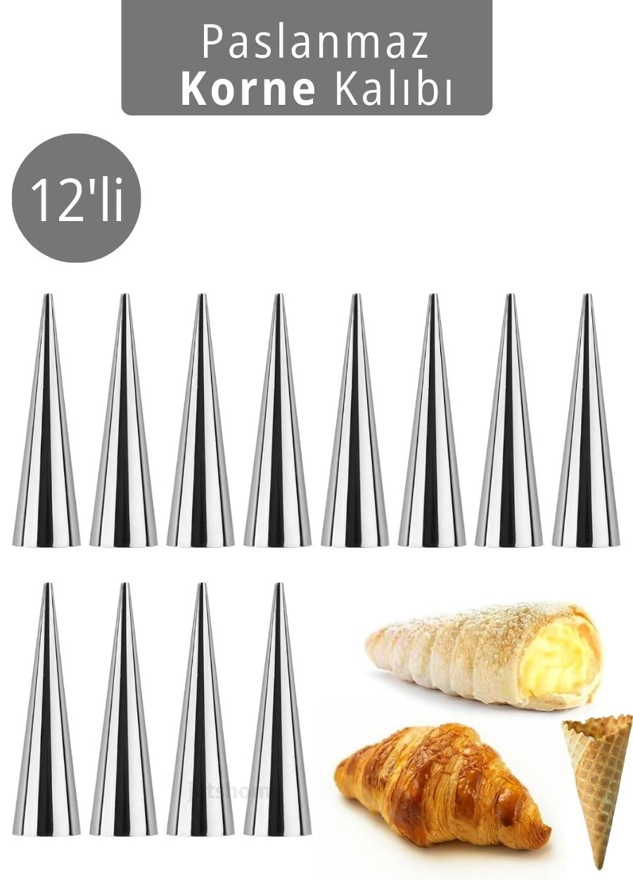12'li Korne Kalıbı Torpil Huni Tatlı Kalıbı Pasta Kurabiye Profiterol Milföy Süsleme Aparatı 12 cm