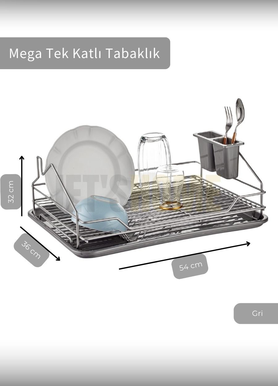 Mega Tek Katlı Bulaşıklık Tezgah Üstü Tabaklık BPA FREE Bulaşık Sepeti Gri