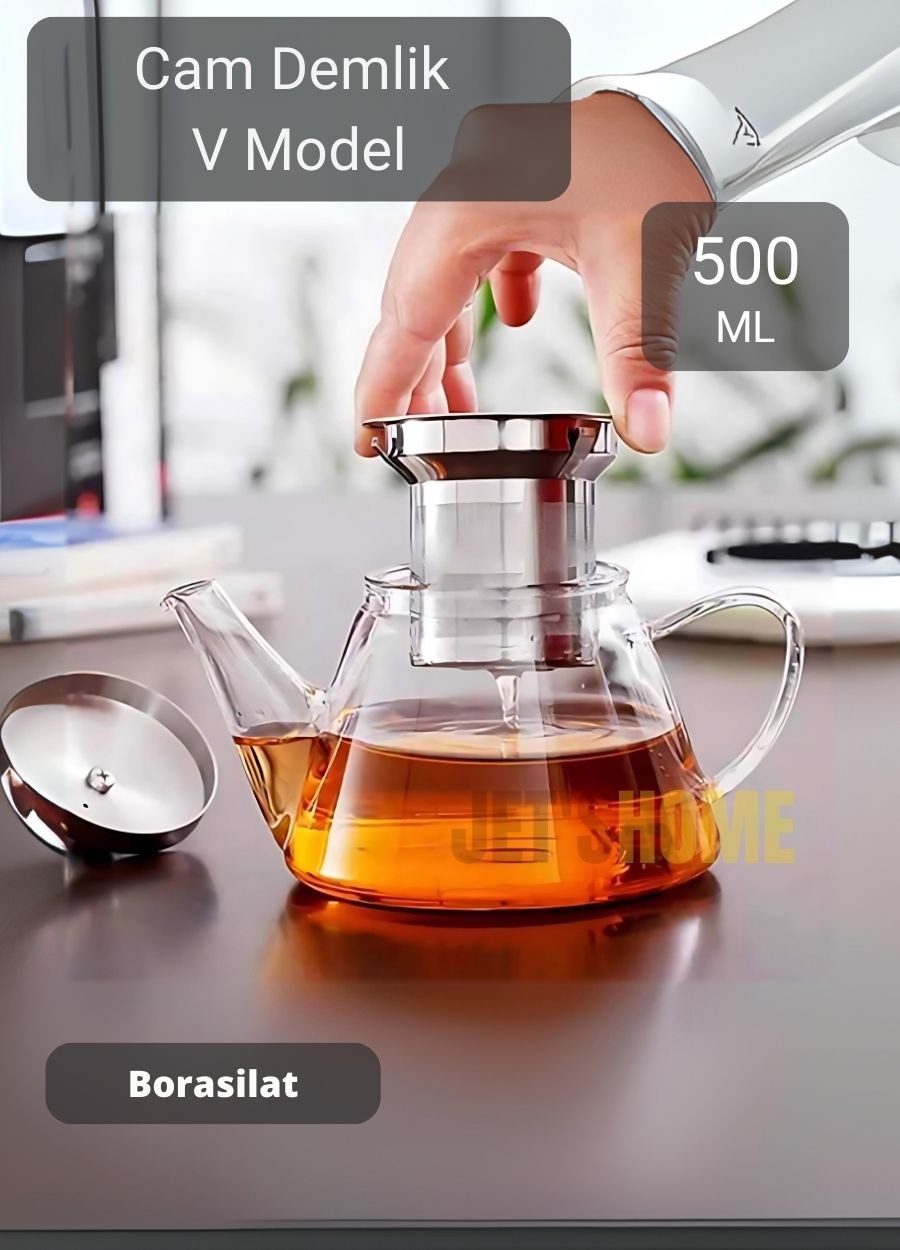Cam Demlik V Modelli İnce Cam Demlik Çaydanlık Bitki Çay Demliği 500 ml