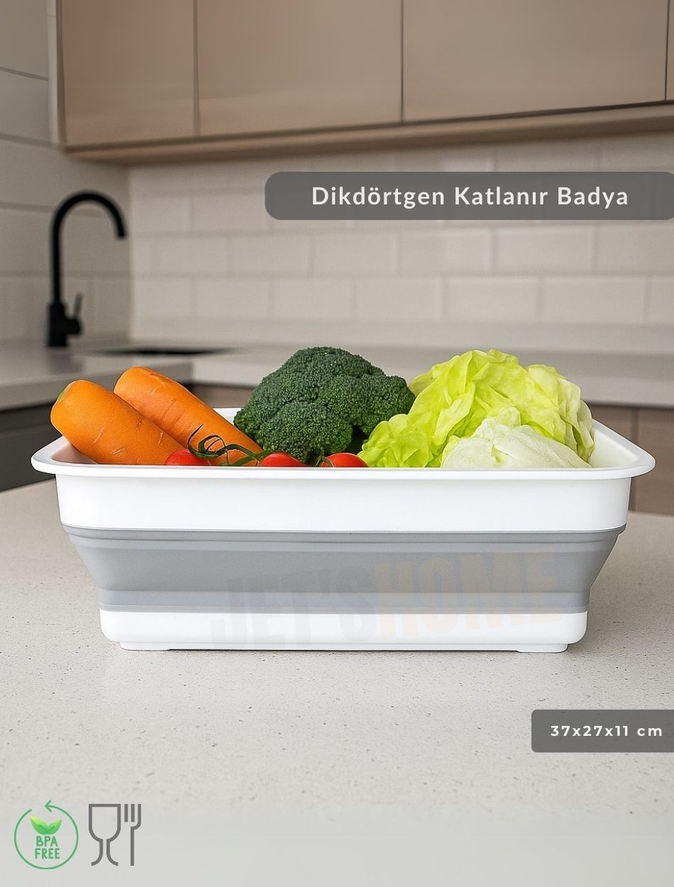 Katlanır Badya - Akordiyon Katlanabilir Dikdörtgen Kova | 8 L - Beyaz/Gri - BPA Free