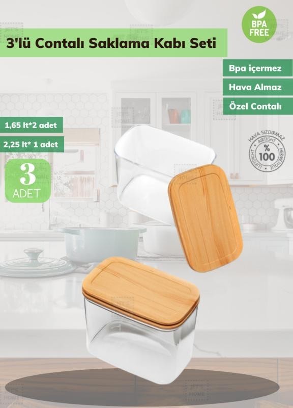 3’lü Erzak Saklama Kabı Seti BPA Free Hava Almaz Bambu Desenli