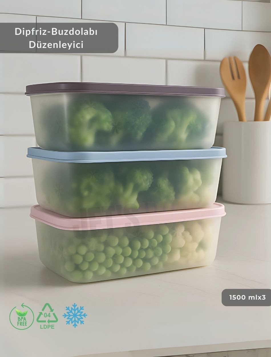 3'lü Dipfriz Saklama Kabı - No Frost Silikon Kapaklı | Derin Dondurucu Düzenleyici - BPA Free - 1500 ml