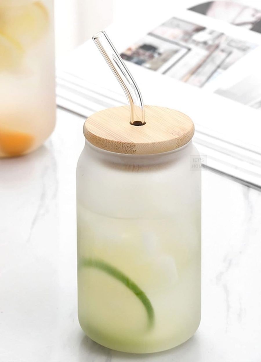 Borosilikat Cam Bardak Pipetli Bambu Kapaklı Bardak 580 ml BPA İçermez Sızdırmaz Kapaklı