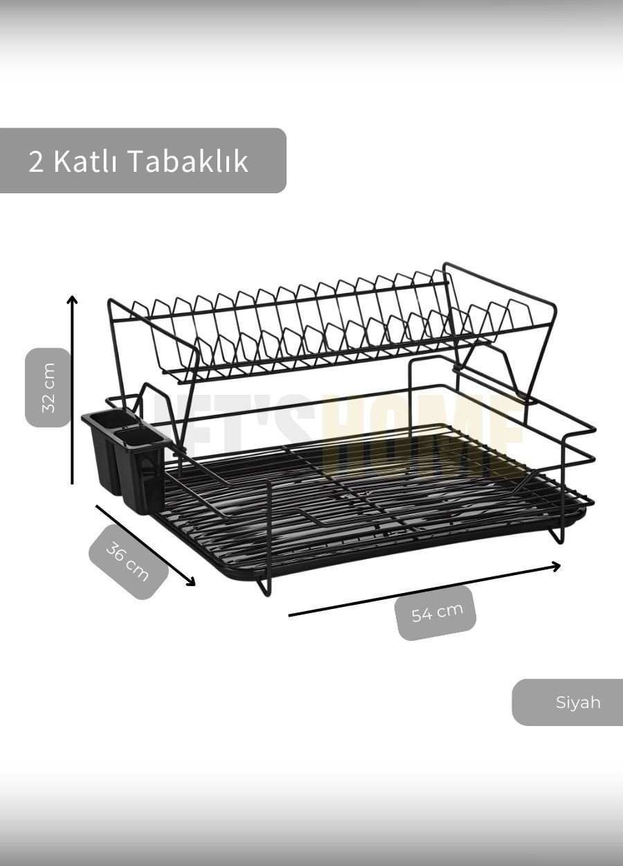 2 Katlı Bulaşıklık Çelik Tezgah Üstü Tabaklık BPA FREE Bulaşık Sepeti Kurutmalık Siyah