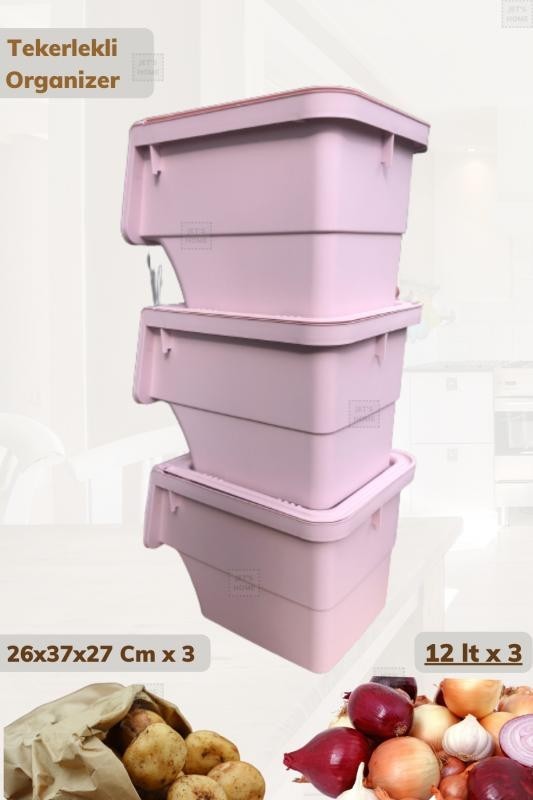 3'lü Tekerlekli Sebzelik BPA Free Soğanlık Oyuncaklık Organizer Beyaz Pembe 36 Lt