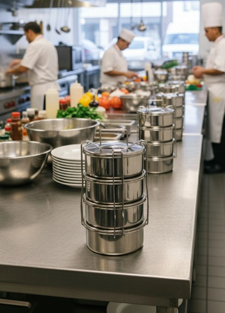 4’lü Paslanmaz Çelik Sefer Tası 14x7 cm Yemek Taşıma Kabı No:2 – 2 Kişilik 430 Kalite