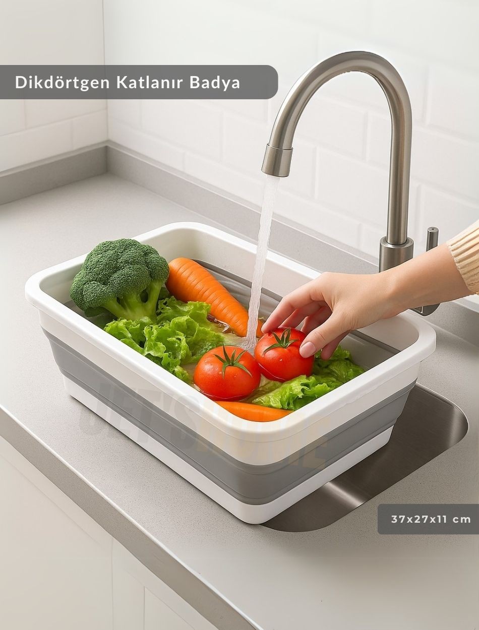 Katlanır Badya - Akordiyon Katlanabilir Dikdörtgen Kova | 8 L - Beyaz/Gri - BPA Free