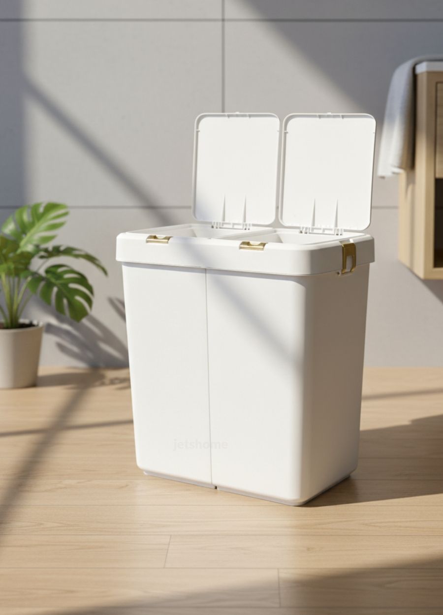 4’lü Katlanabilir Çamaşır Sepeti Seti – 80 Litre Gold/Beyaz Kirli Sepeti, Sele, Su Kovası ve Maşrapa