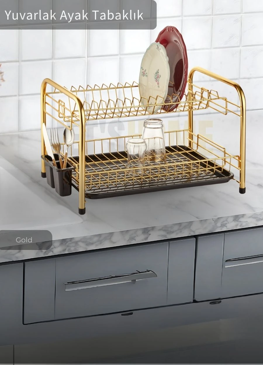 2 Katlı Bulaşıklık Tezgah Üstü Tabaklık BPA FREE Bulaşık Sepeti Yuvarlak Ayak Gold
