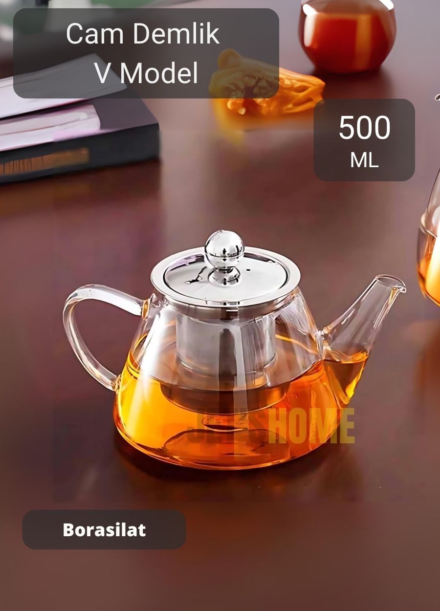 Cam Demlik V Modelli İnce Cam Demlik Çaydanlık Bitki Çay Demliği 500 ml