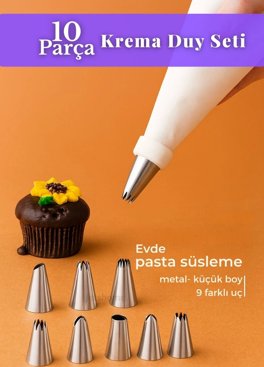 10 Parça Krema Sıkma Torbası Seti Metal Küçük Boy Krema Duyu Süsleme Aparatı Şanti Süsleme Ucu