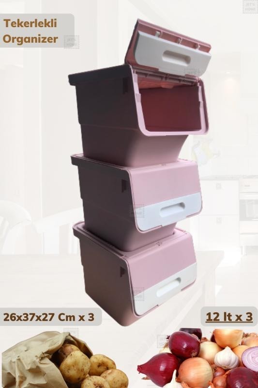 3'lü Tekerlekli Sebzelik BPA Free Soğanlık Oyuncaklık Organizer Beyaz Pembe 36 Lt