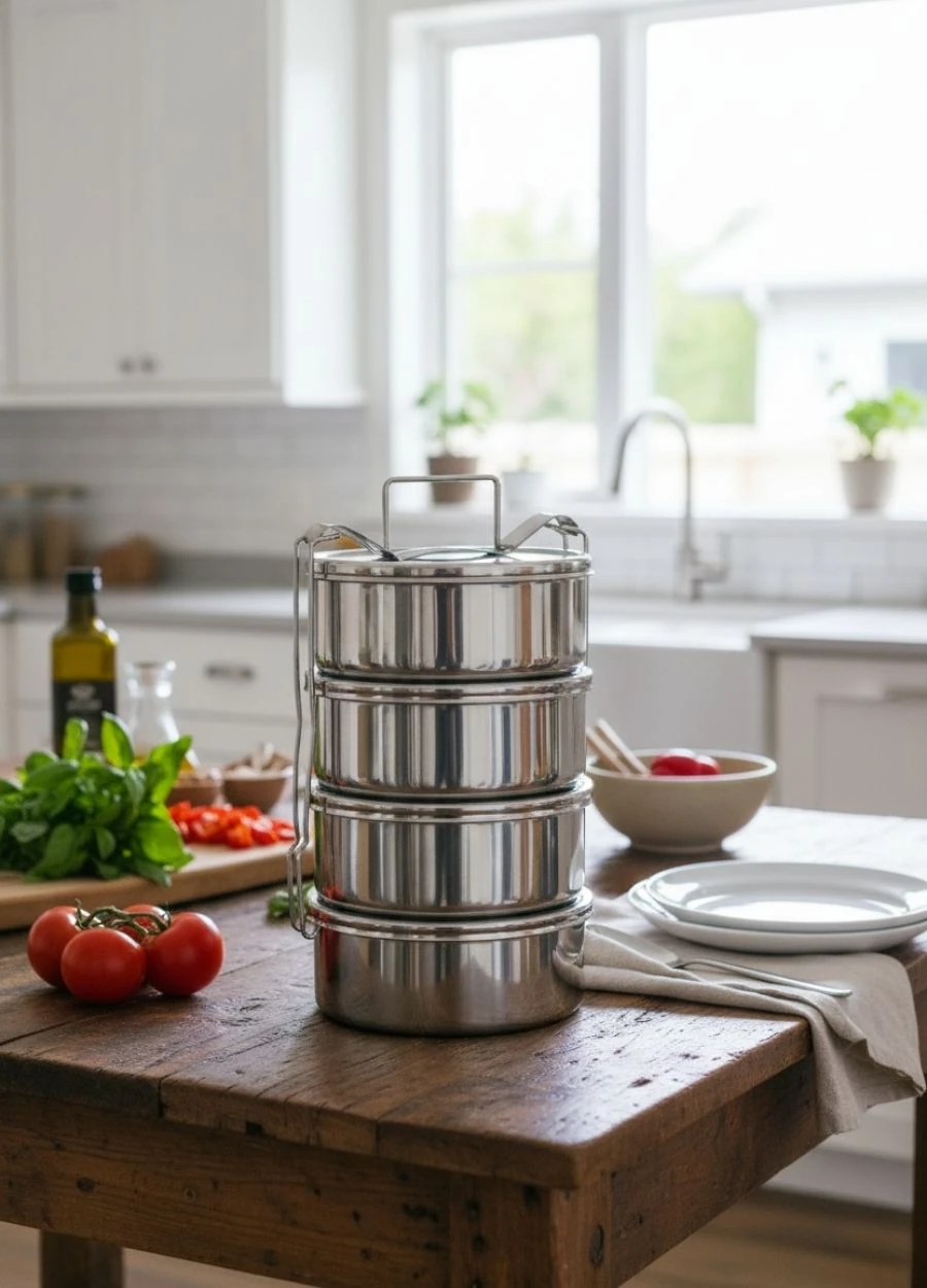 4’lü Paslanmaz Çelik Sefer Tası 14x7 cm Yemek Taşıma Kabı No:2 – 2 Kişilik 430 Kalite