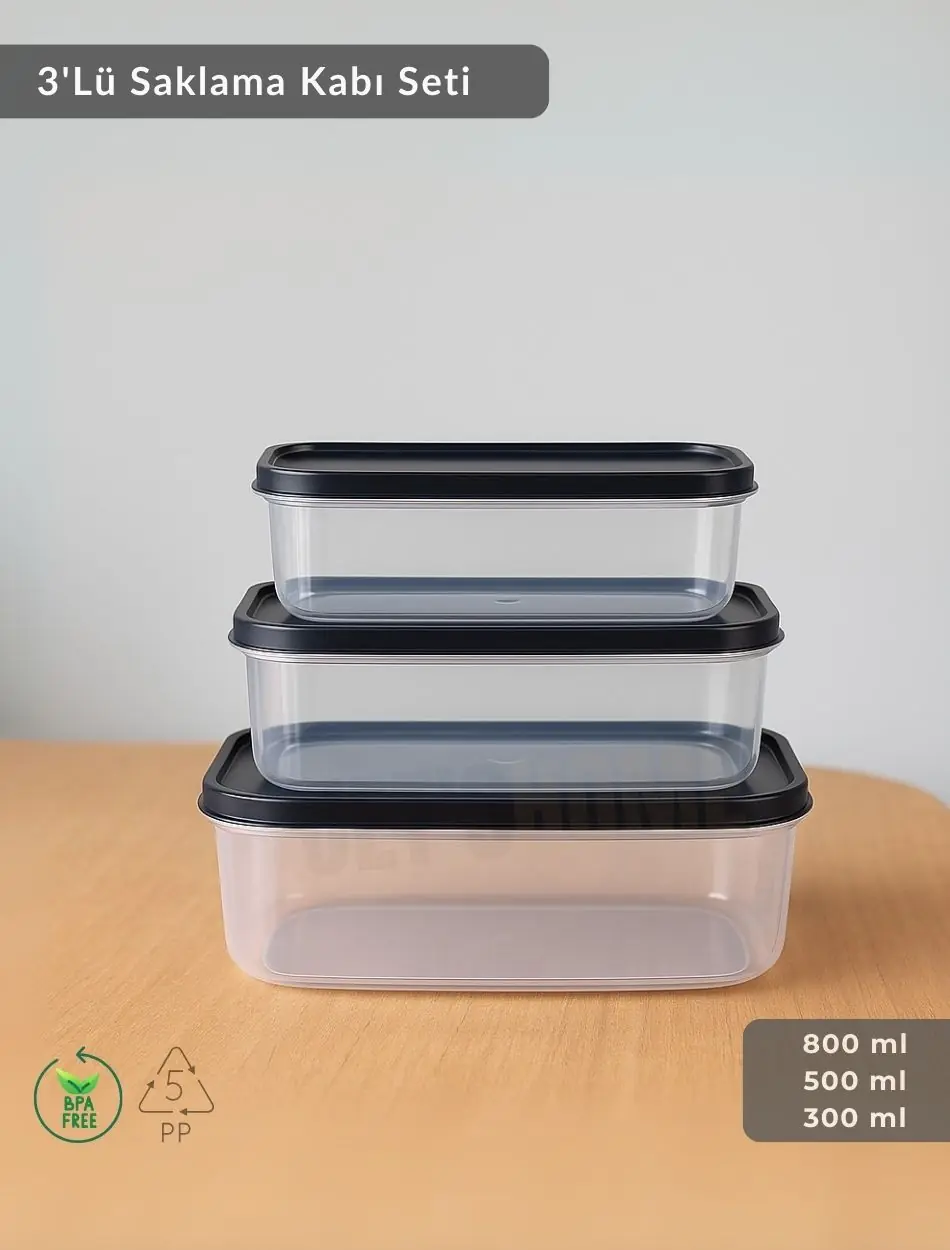 3'lü Dikdörtgen Saklama Kabı Seti BPA Free - Farklı Boylarda Düzen