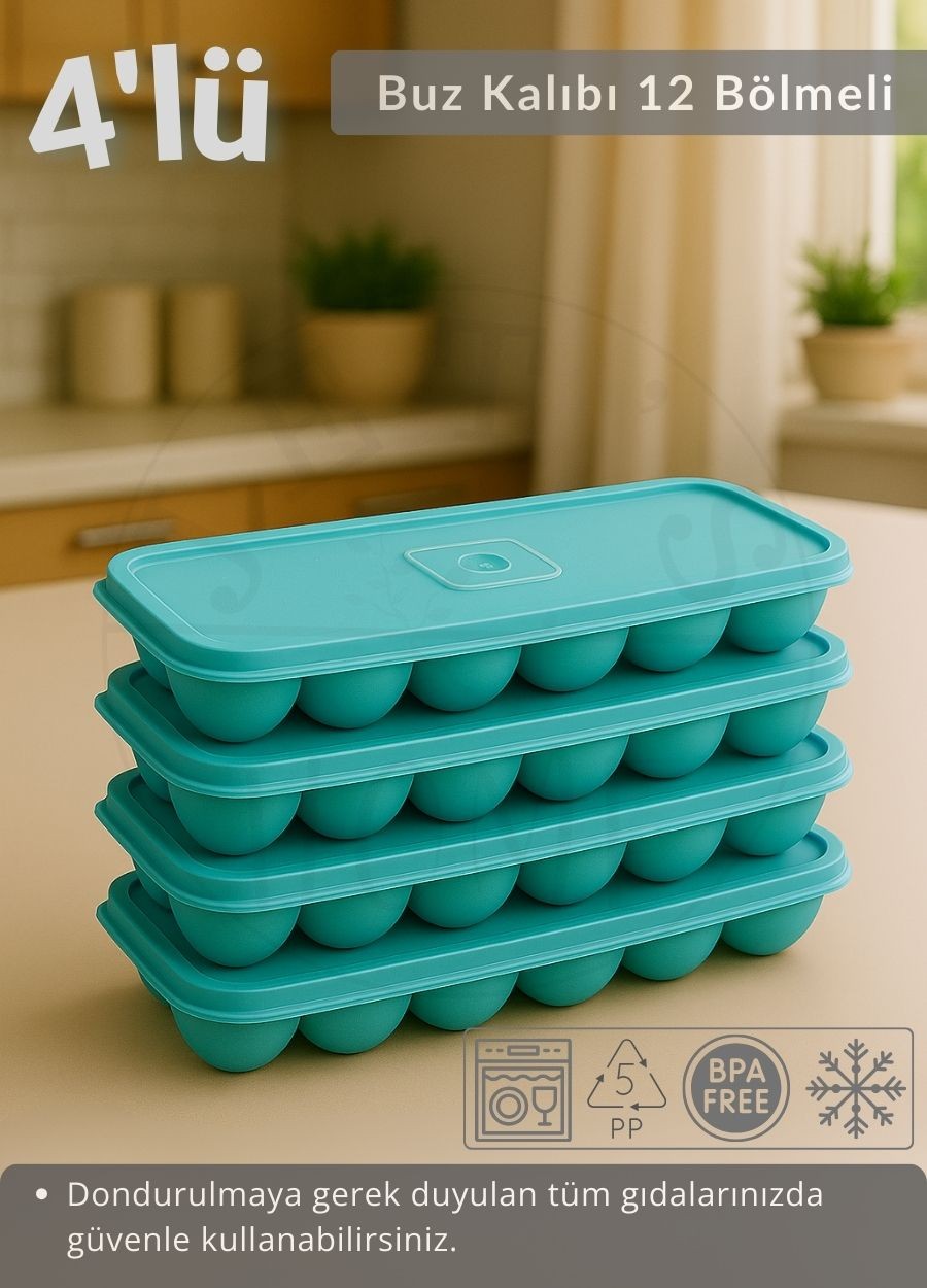 4'lü Set Buz Kalıbı 12 Bölmeli Esnek Silikon Buz Küpü BPA FREE Kare Bas Parmak Buzluk Çapı 3,5 cm Mavi