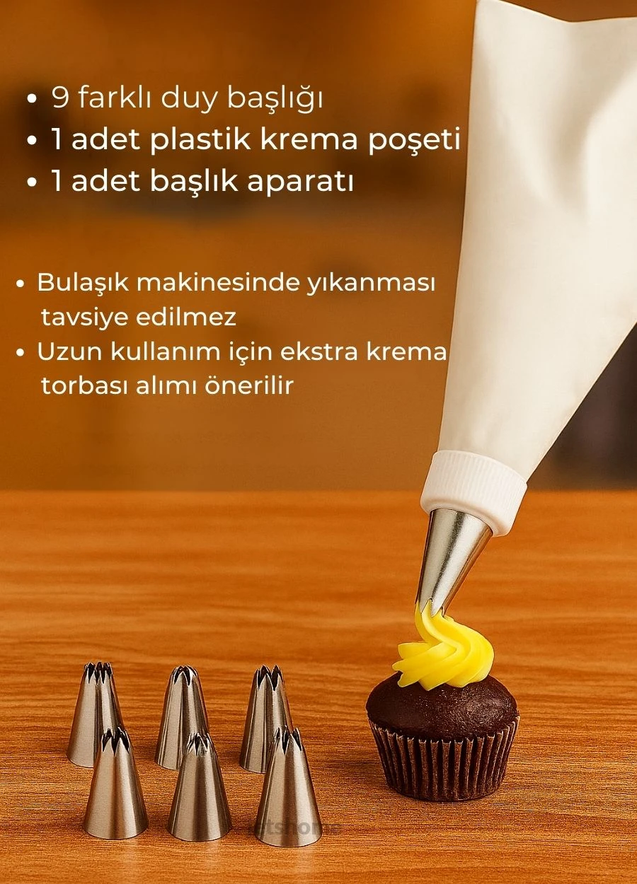 10 Parça Krema Sıkma Torbası Seti Metal Küçük Boy Krema Duyu Süsleme Aparatı Şanti Süsleme Ucu