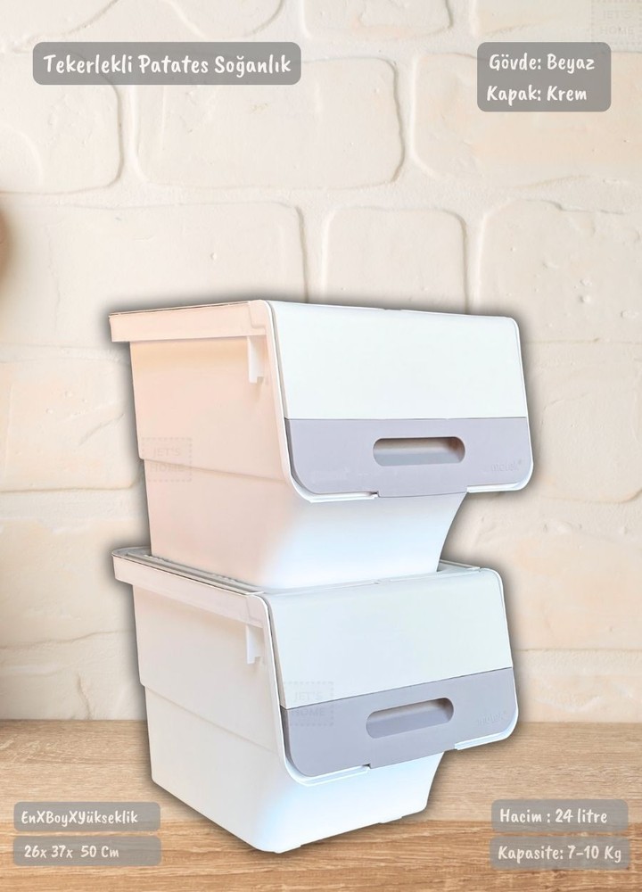 2'li Tekerlekli Patateslik Soğanlık BPA Free Erzak Kutusu Sebzelik Oyuncaklık Beyaz Krem 24 Lt