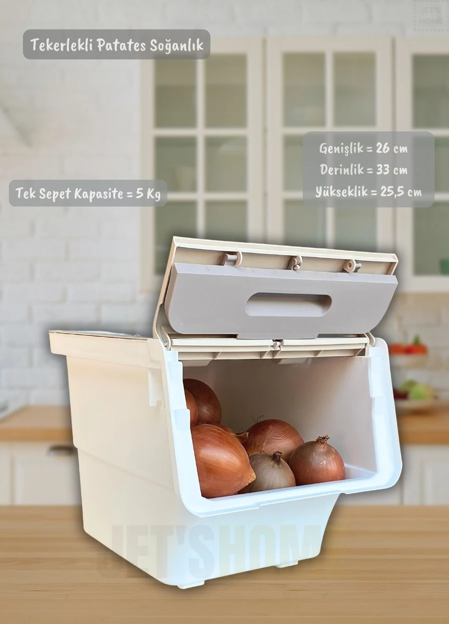6'lı Krem Beyaz Tekerlekli Sebzelik Patates Soğan Sepeti Organizer Kutu Soğanlık Patateslik 72 L