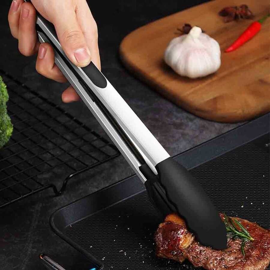 Sunum Maşası Barbekü Maşası Mangal Maşa Silikon Salata Maşası Siyah 25 cm