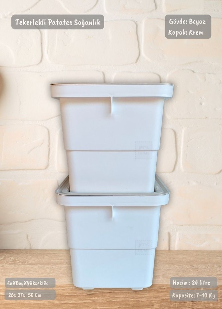 2'li Tekerlekli Patateslik Soğanlık BPA Free Erzak Kutusu Sebzelik Oyuncaklık Beyaz Krem 24 Lt