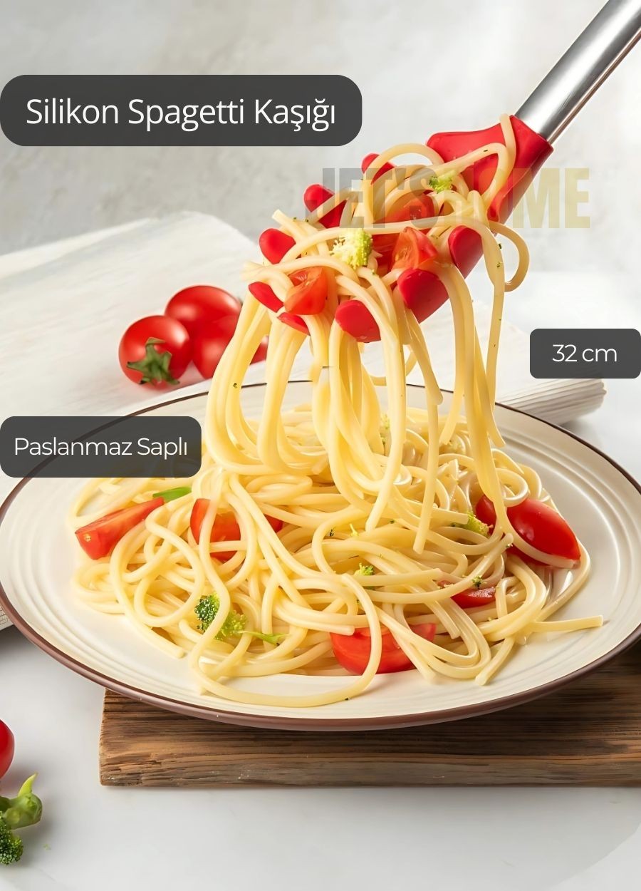 Silikon Spagetti Kaşığı Paslanmaz Saplı Kırmızı 32 cm
