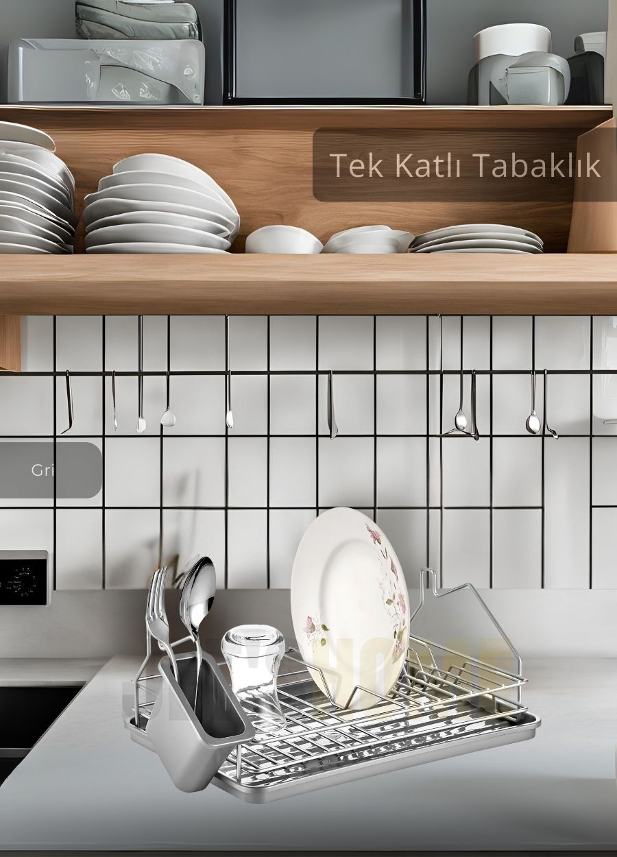 Tek Katlı Bulaşıklık Tezgah Üstü Tabaklık BPA FREE Bulaşık Sepeti Gri
