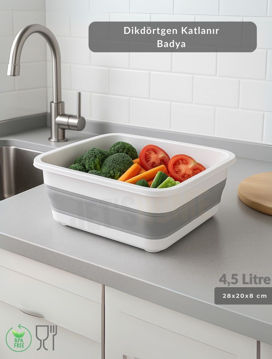 Katlanır Badya - Akordiyon Katlanabilir Dikdörtgen Kova | 4,5 L - Beyaz/Gri - BPA Free