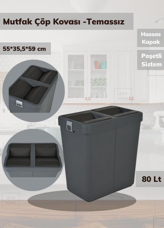 Çöp Kovası Bas Çek Mutfak Banyo Çöp Kutusu Antrasit 80 Litre