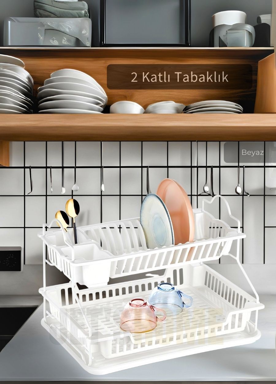 2 Katlı Bulaşıklık Paslanmaz Tezgah Üstü Tabaklık BPA FREE Bulaşık Sepeti Kurutmalık Beyaz