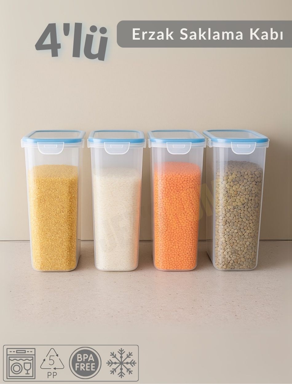 4'Lü Erzak Kabı Seti Kilitlenebilir Saklama Kabı Hava Almaz Bakliyat Kabı Bpa Free