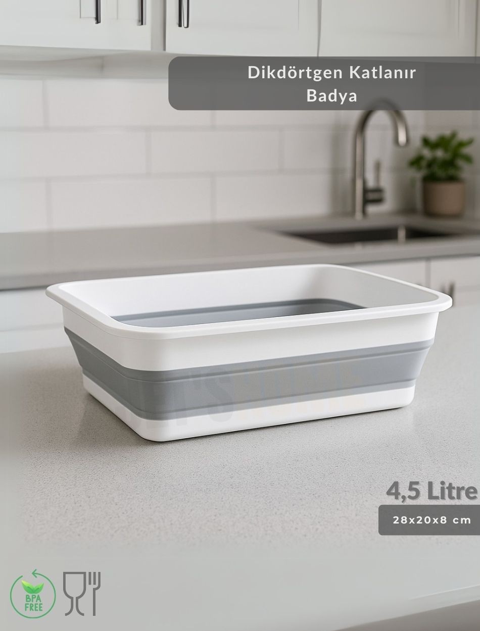 Katlanır Badya - Akordiyon Katlanabilir Dikdörtgen Kova | 4,5 L - Beyaz/Gri - BPA Free