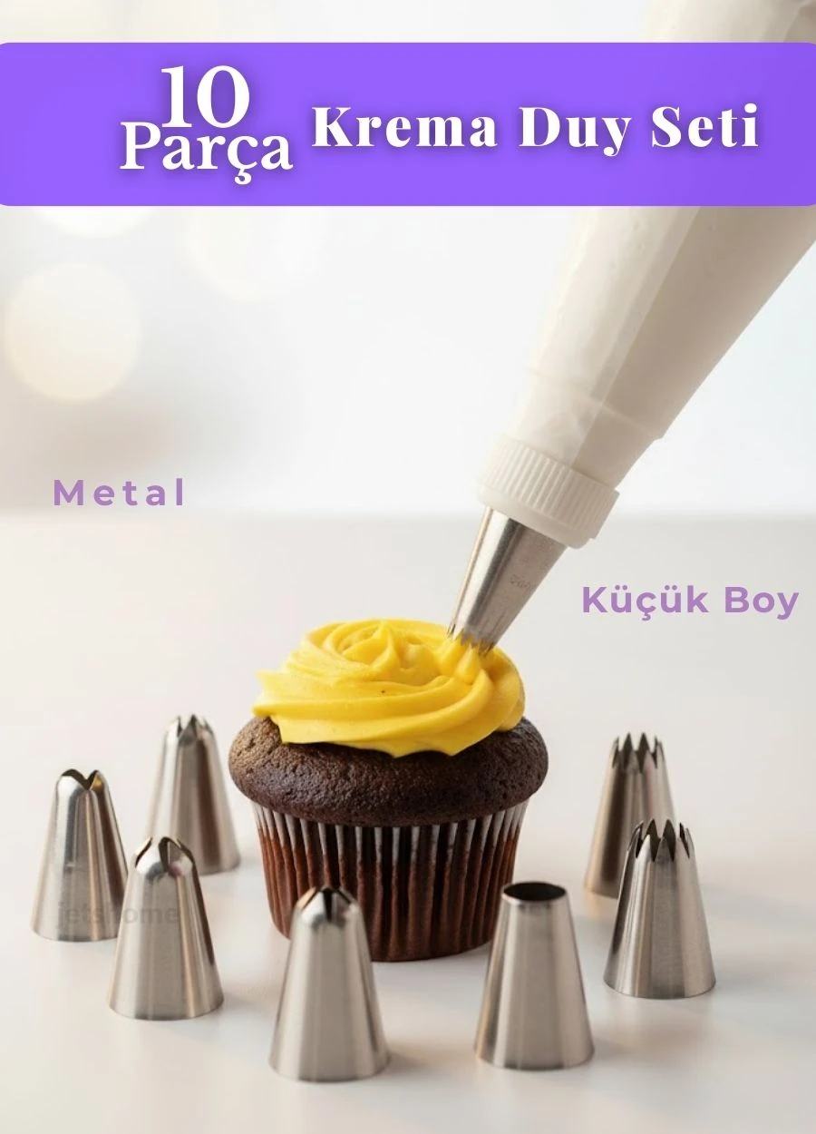 10 Parça Krema Sıkma Torbası Seti Metal Küçük Boy Krema Duyu Süsleme Aparatı Şanti Süsleme Ucu