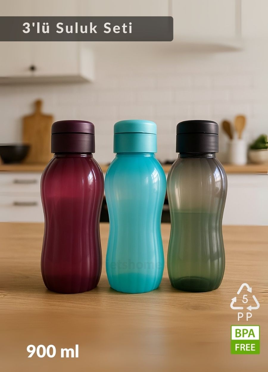 Suluk 3'lü Set Su Şişesi BPA Free Okul Suluğu PP-5 Suluk Spor Okul Ofis Suluğu Siyah-Bordo-Mavi 900 ml