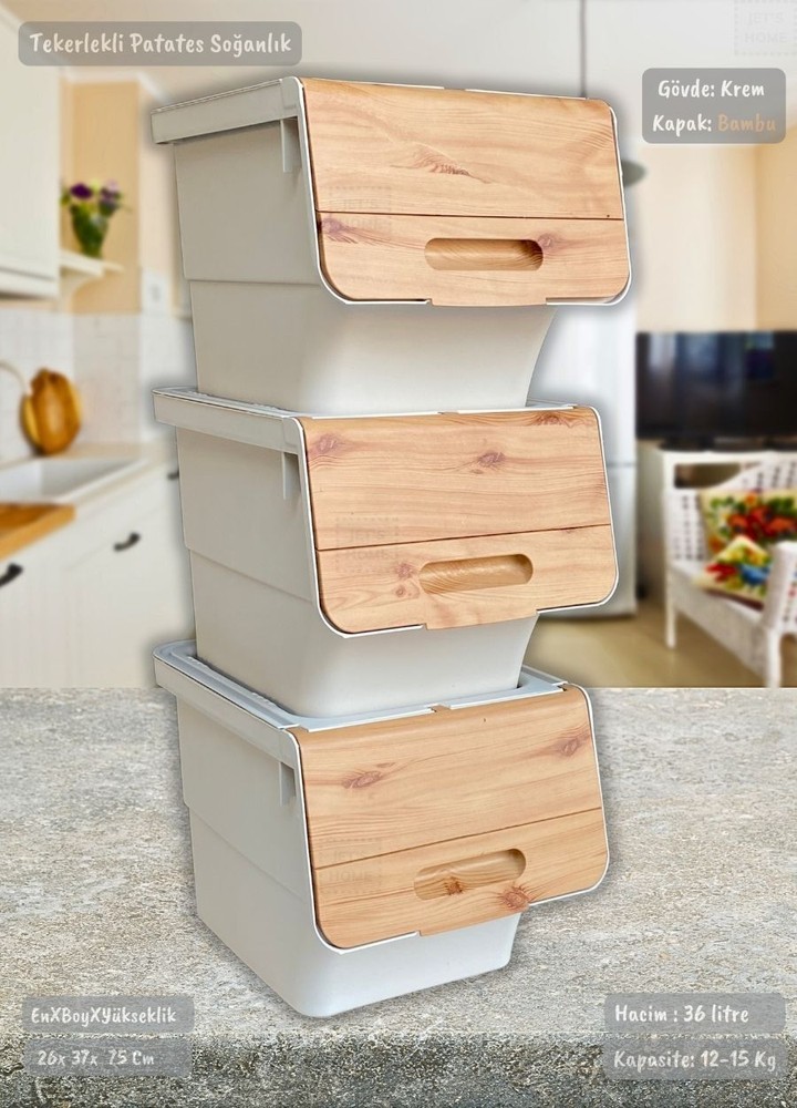 3’lü Tekerlekli Patateslik Soğanlık BPA Free Erzak Kutusu Sebzelik Oyuncaklık Bambu Desen 36 Lt