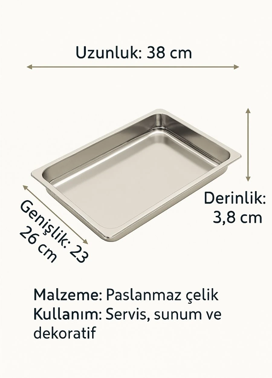 Paslanmaz Çelik Meze Küveti 430 Kalite Dikdörtgen Çelik Tabak 38x26x3,8 cm