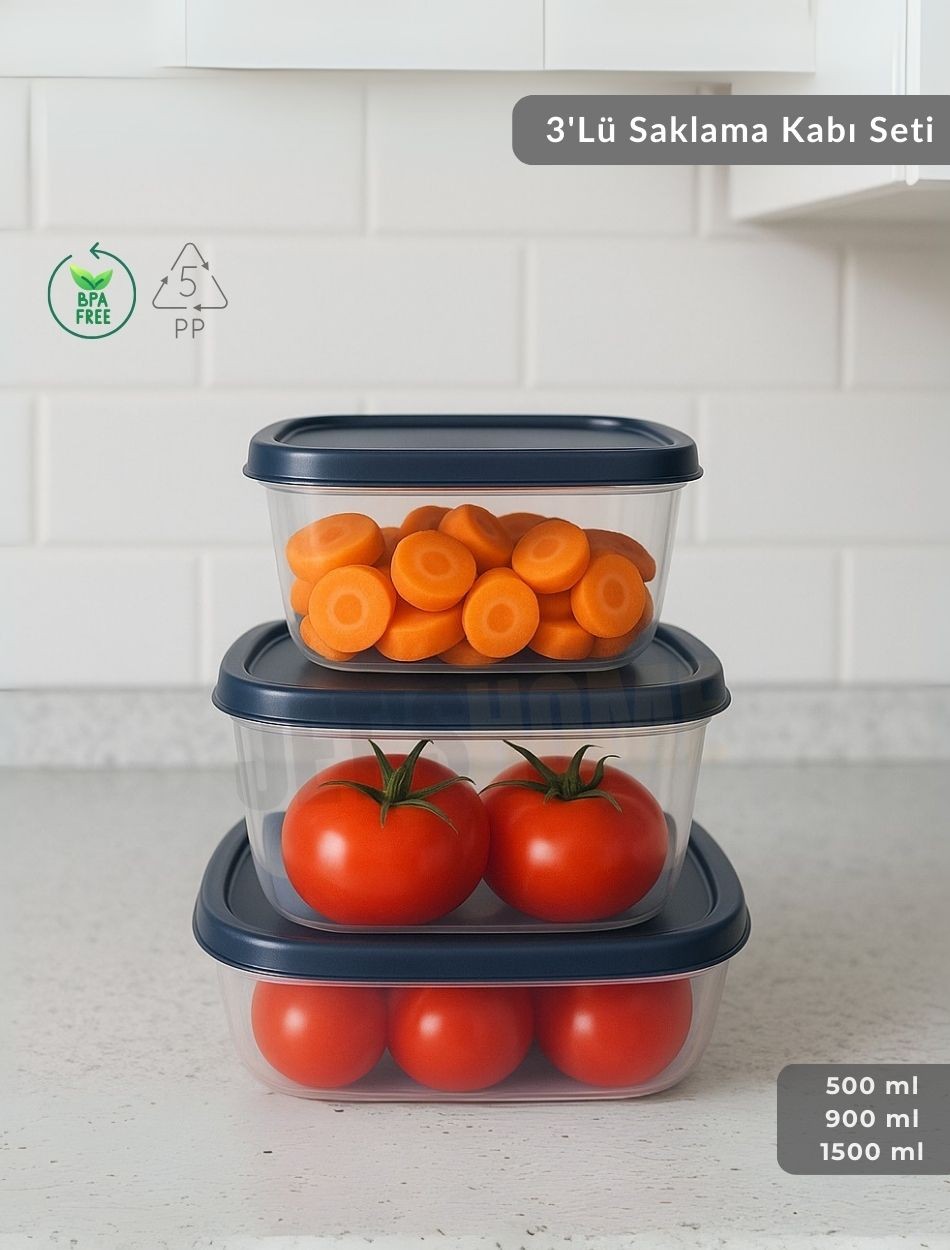 3'lü Saklama Kabı Seti Kare Erzak Kabı Bpa Free Derin Dondurucu için Uygun 500-900-1500 ml