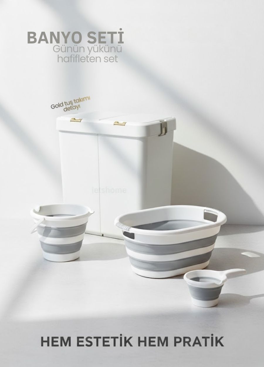 4’lü Katlanabilir Çamaşır Sepeti Seti – 80 Litre Gold/Beyaz Kirli Sepeti, Sele, Su Kovası ve Maşrapa