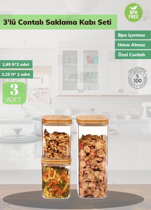 3’lü Erzak Saklama Kabı Seti BPA Free Hava Almaz Bambu Desenli
