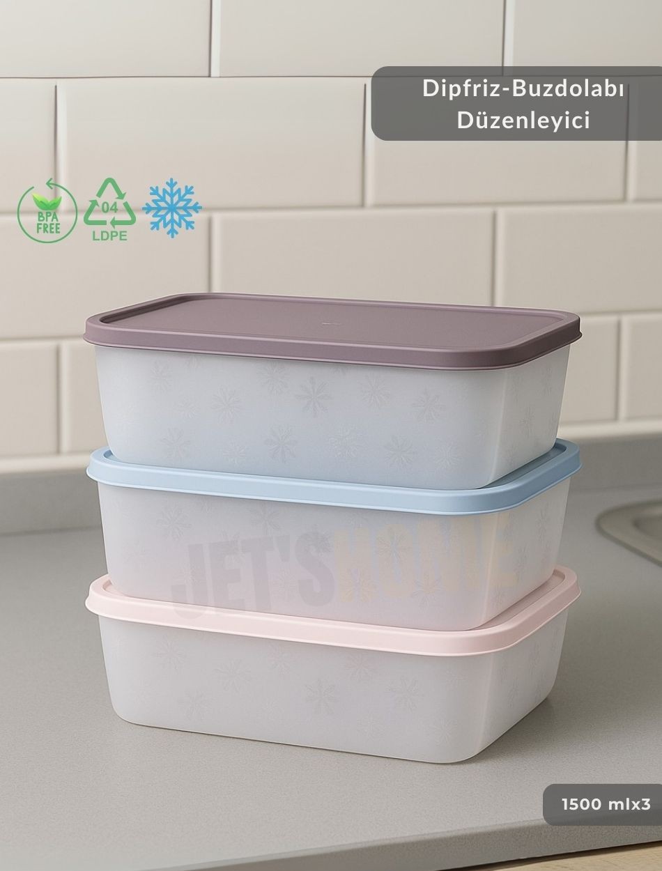 3'lü Dipfriz Saklama Kabı - No Frost Silikon Kapaklı | Derin Dondurucu Düzenleyici - BPA Free - 1500 ml
