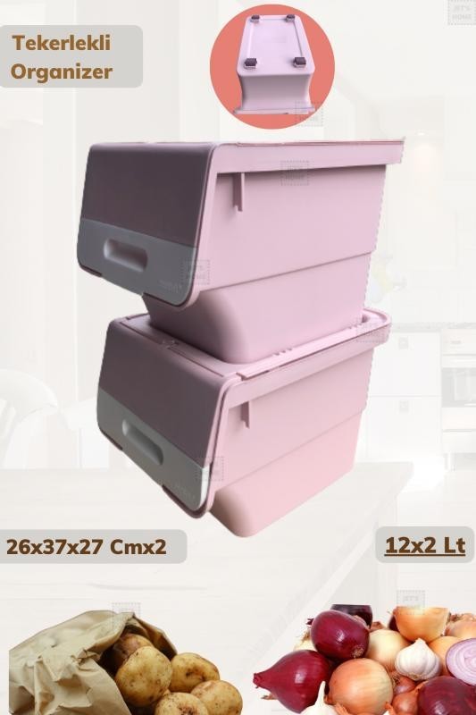 2’li Tekerlekli Organizer BPA Free Erzak Kutusu Sebzelik Soğanlık Oyuncaklık Pembe 24 Lt