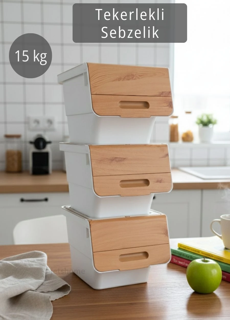 3’lü Bambu-Beyaz Tekerlekli Sebzelik Seti 36 Lt – BPA’sız Patates Soğan Organizer