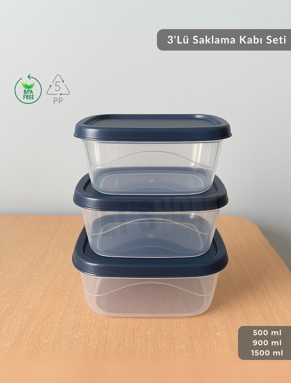 3'lü Saklama Kabı Seti Kare Erzak Kabı Bpa Free Derin Dondurucu için Uygun 500-900-1500 ml